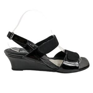 Ros Hommerson Sandals 8.5 Black Patent Leather Strappy Wedges Slingback Shoes